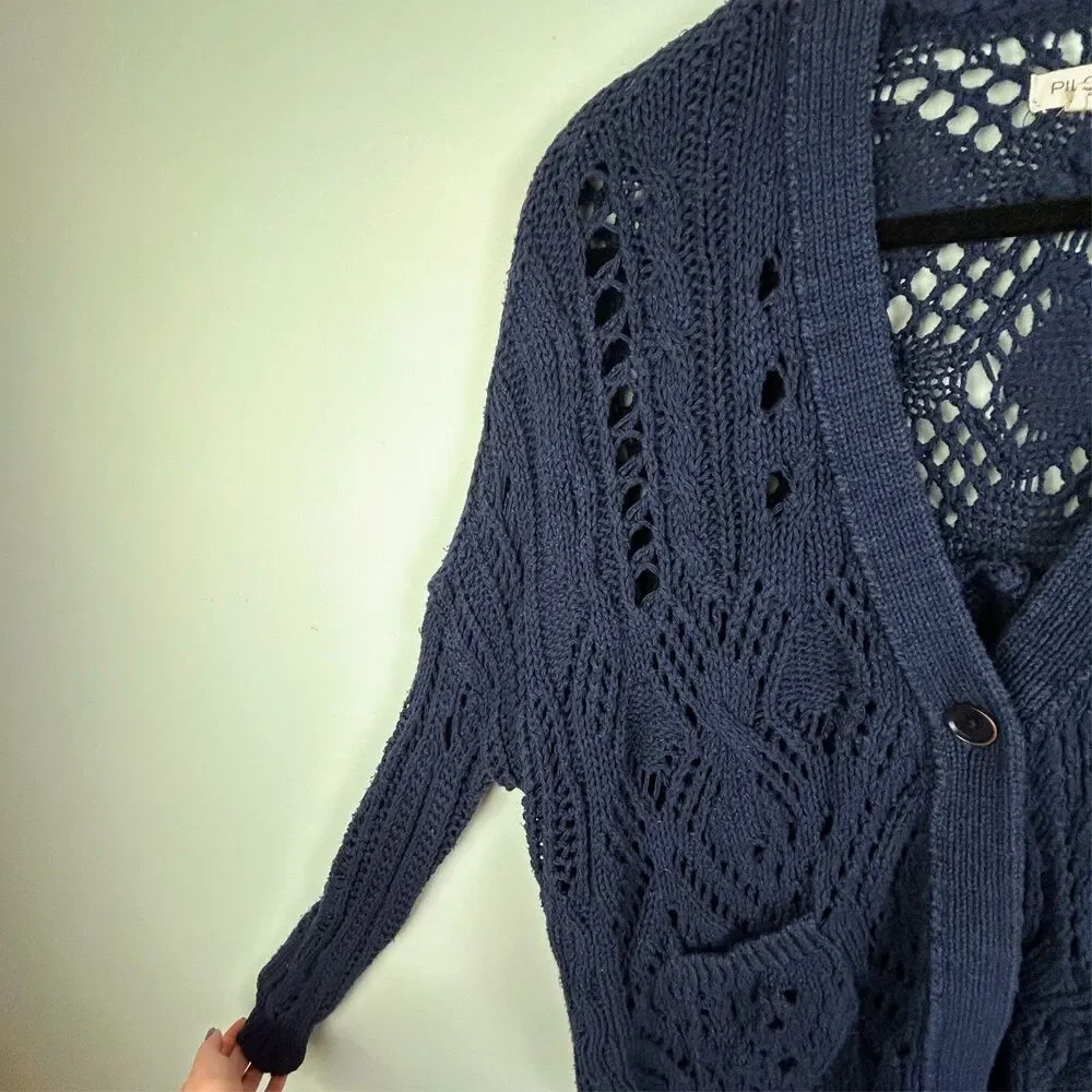 Anthropologie Pilcro Open Stitch Cardigan Knit Sweater Button Front Navy Blue XS - Picture 3 of 14